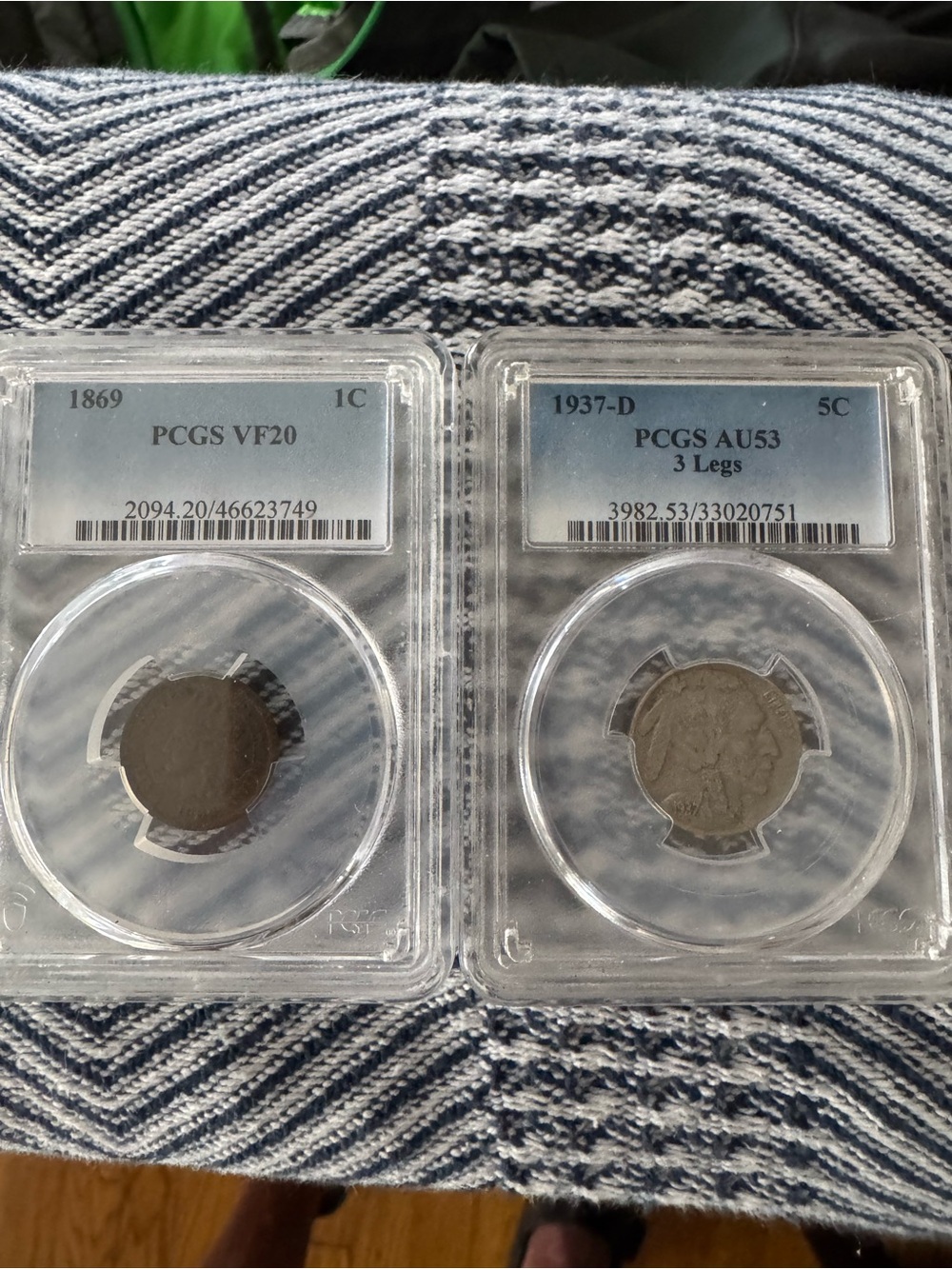 Graded Vintage U.S. Coins - 1869 Indian Head Cent & 1937-D 3 leg Buffalo Nickel